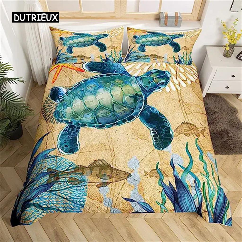 Sea Turtle Duvet Cover Green Blue Ocean Bedding Set Colorful Underwater World for Kids Child Women Nautical Sea Animal Reptile
