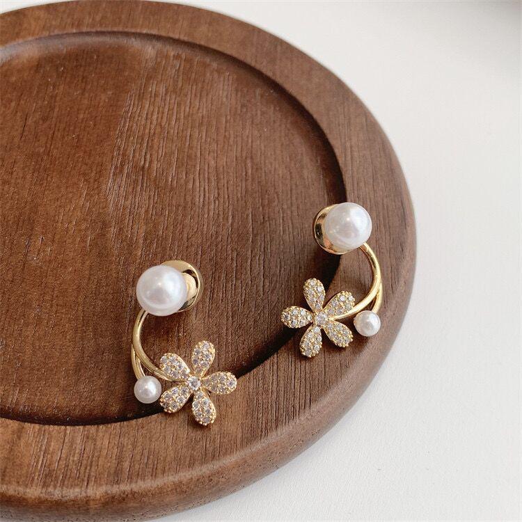 

Sterling Silver Zircon Pearl Flower Earrings - Versatile Front & Back Wear