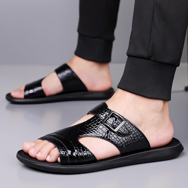 Men Black Leather Slippers Simple Flats Summer White Outdoor Roman Sandals Blue Green Open Toe Beach Shoes Plus Size