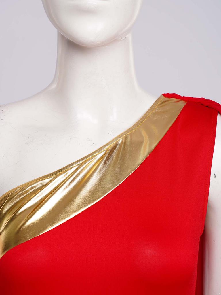 S-XXL Lyrical Worship Dance Dress One Shoulder Sleeveless Metallic Shiny Patchwork Slit Hem Tunic with Drape for Stage