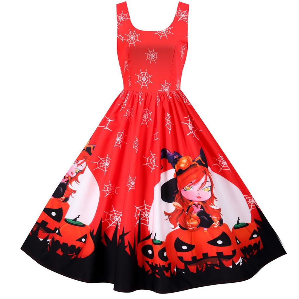 Fashion Women Vintage Halloween Print Sleeveless Evening Party Prom Dress