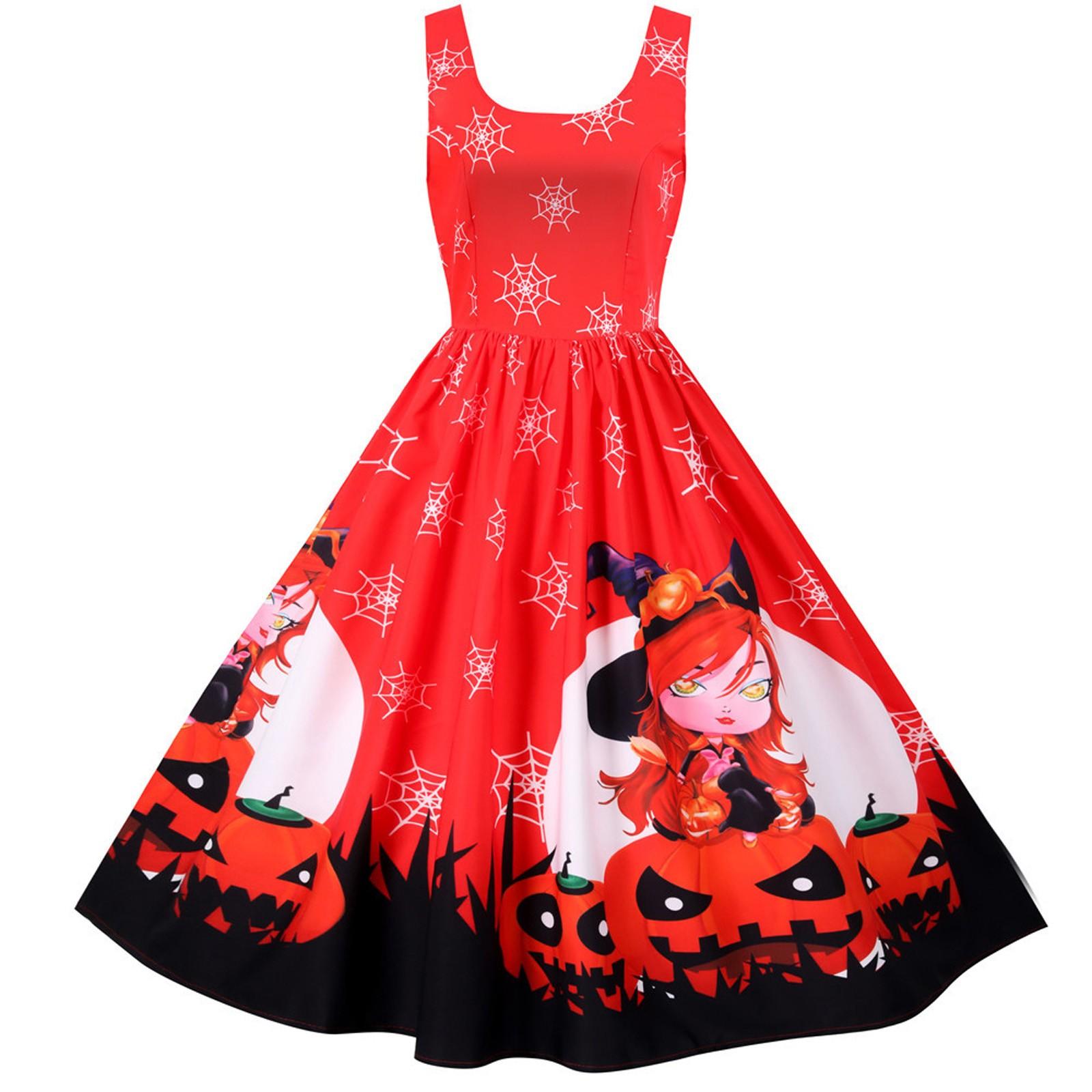 

Модное женское винтажное вечернее платье без рукавов с принтом на Хэллоуин M красный