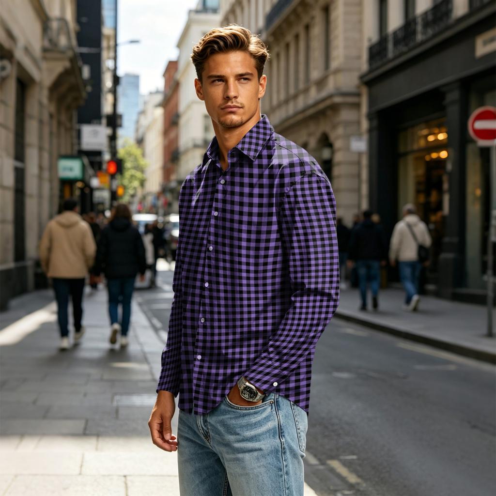 Men's Long Sleeve Plaid Shirt with Collar for Casual Daily Wear