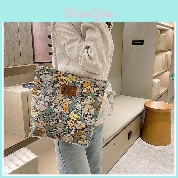 Cute Cartoon Cat Pattern Women Casual Large Capacity Canvas Bag For Daily Use And Street Fashion