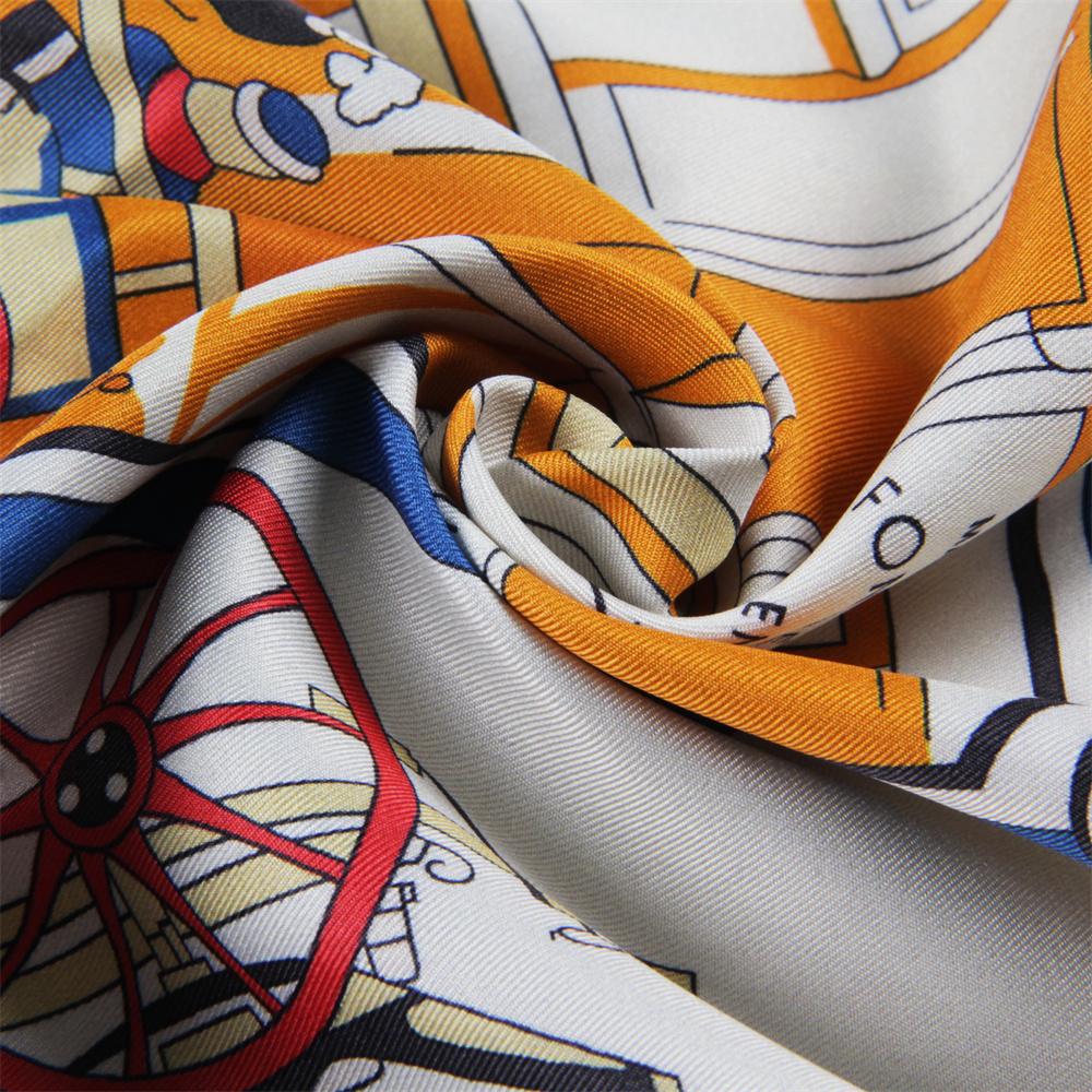 POBING Hand Rolled Twill Silk Scarf Women Horse Carriage Double Print Square Scarves Wraps Echarpes Foulards Femme Hijab 90CM
