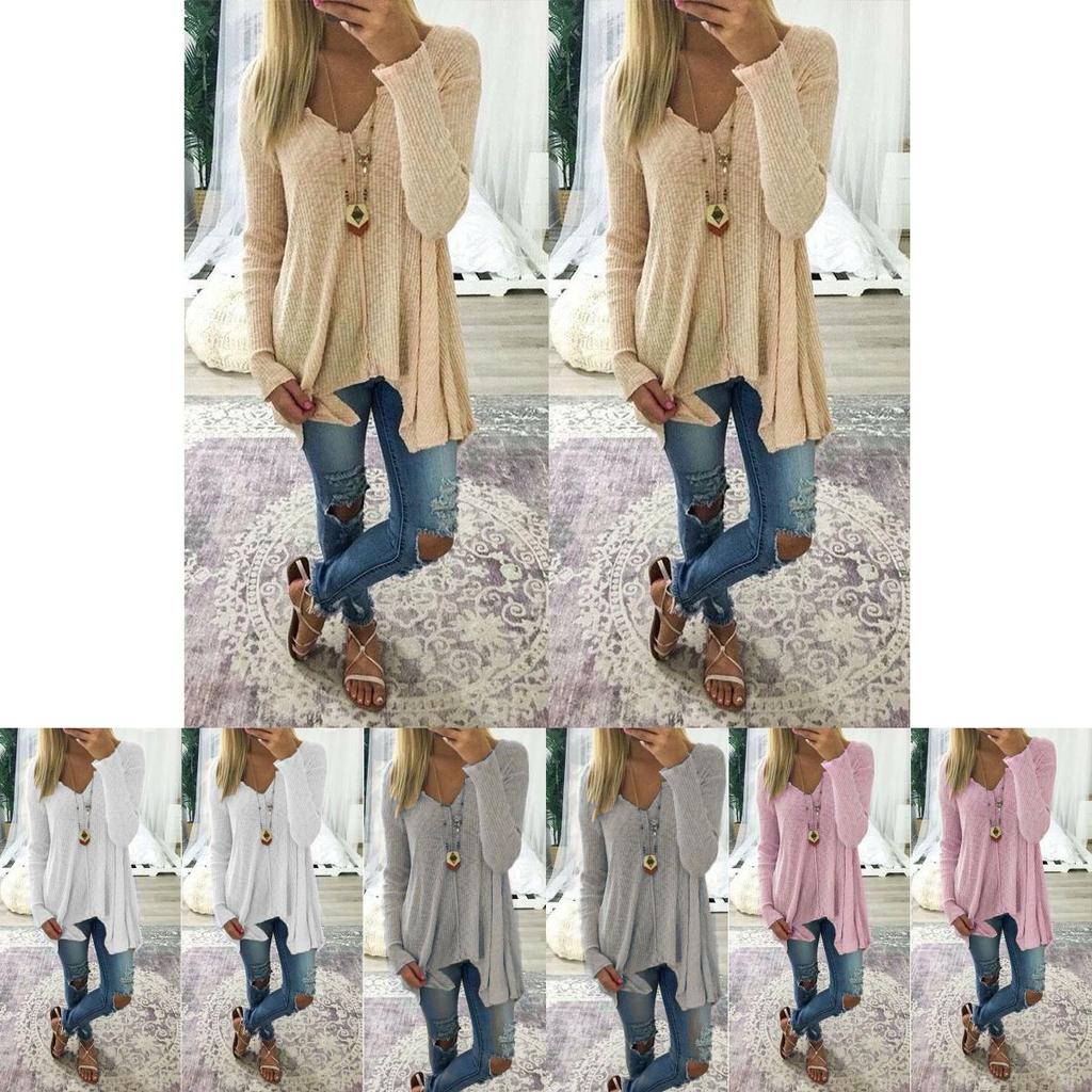 Elegant Plus Size Women Long Sleeve Loose Blouse With Baggy V Neck Tunic T Shirt