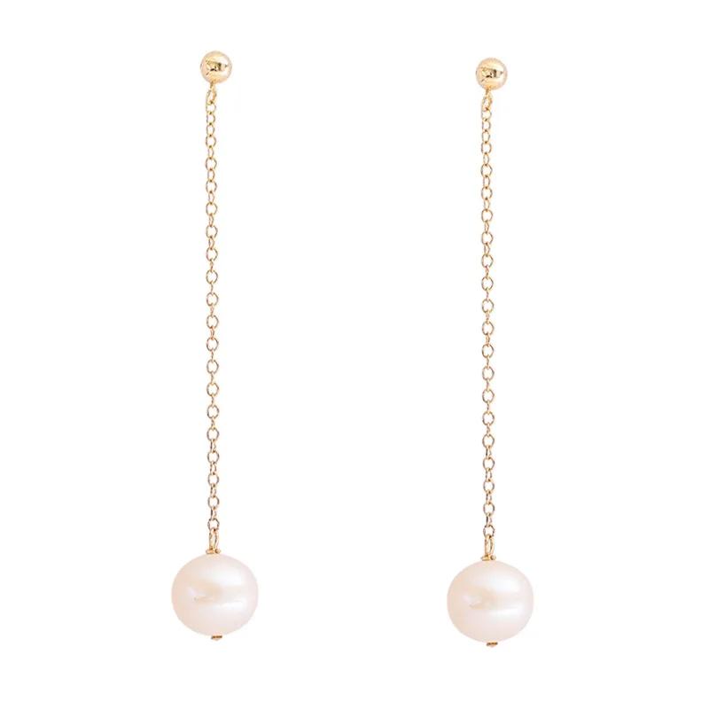 Women Gold Chain Long Tassel Earrings With Round Freshwater Pearls Wedding Bridal Jewelry