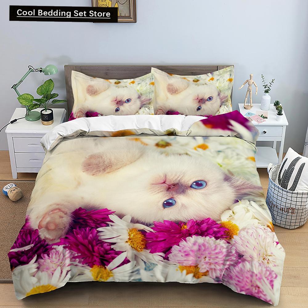White Cat King Queen Duvet Cover Kawaii Pet Kitty Bedding Set for Kids Teens Adults Family Animal 2/3pcs Polyester Quilt Cover
