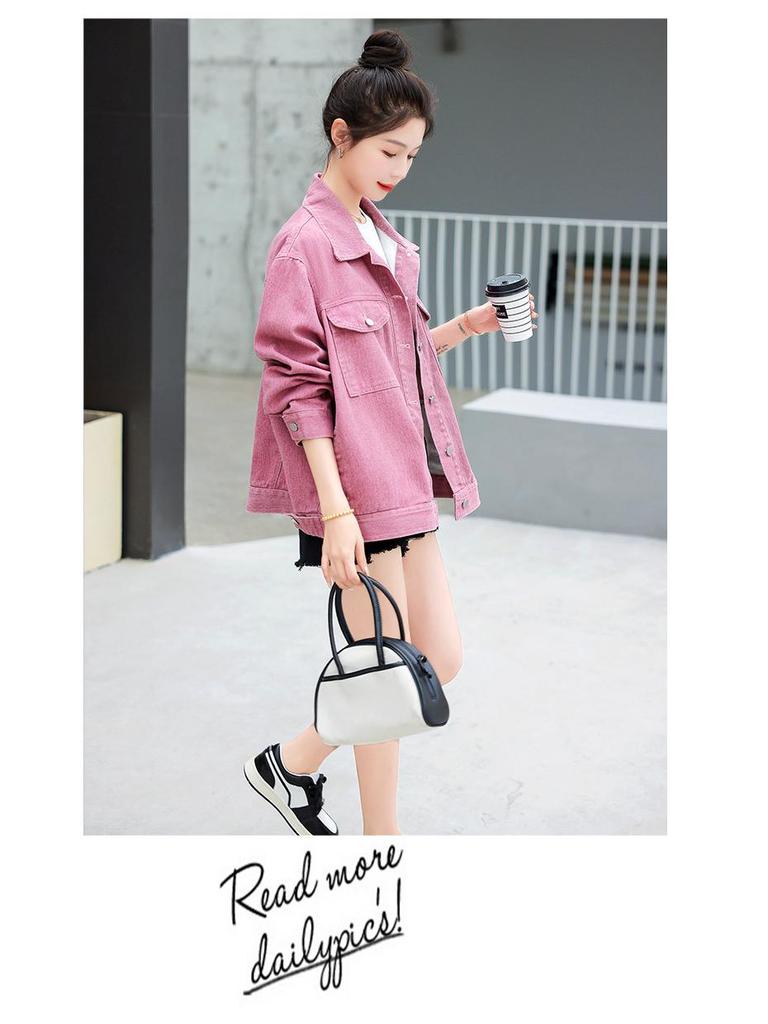 Women’s Casual Pink Denim Jacket - Autumn 2023 Loose Fit, Age-Reducing Style