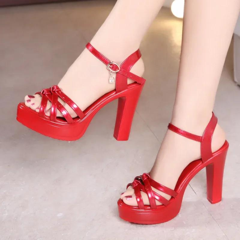 Mode 10cm Kleine Größe 32-43 Block High Heels Sandalen Sommer Frau Hochzeitsschuhe Dicke Plateau-Sandalen Damen Weiches Leder Sandale