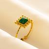 Green Striped Stone Vintage Gold Color Stainless Steel Open Adjustable Rings For Women Men Accessories Finger Jewelry Sun Flower