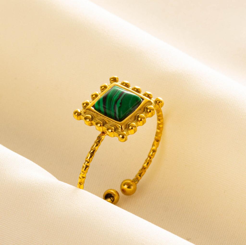 Green Striped Stone Vintage Gold Color Stainless Steel Open Adjustable Rings For Women Men Accessories Finger Jewelry Sun Flower