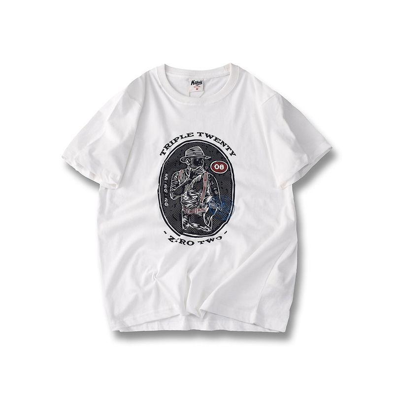 American Retro Vintage Print Pure Cotton Short-Sleeved T-shirt Men Summer Base Shirt Export White Cotton T-shirt White 3XL