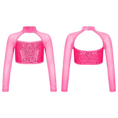 Costume da ginnastica per danza, per bambine, a maniche lunghe, con paillettes lucide e decorazione con schiena cava