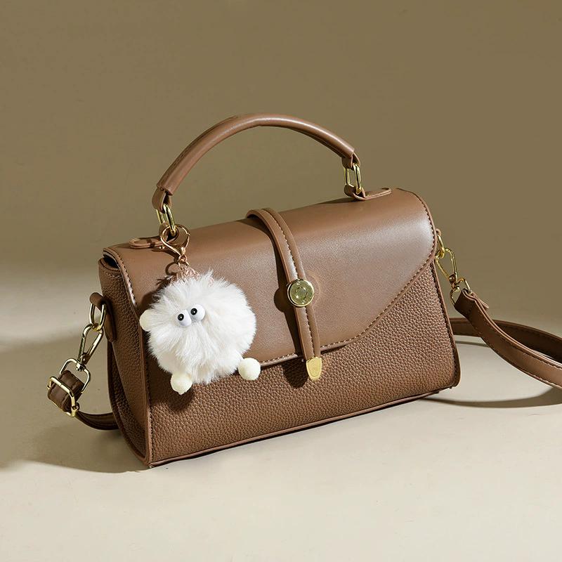 Women's Pink PU Leather Top-Handle Crossbody Bag, Luxury Soft Leather Designer Shoulder Bag with Plush Charm