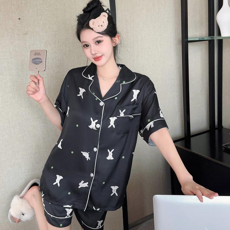 Fashion Sweet Wind Cartoon Rabbit Ice Silk Pajamas Women'S Summer Loungewear Suit Can Be Worn Outside