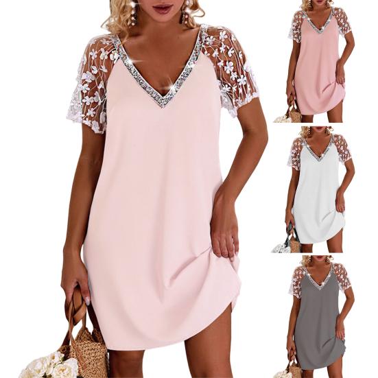 Women dress Solid Color Breathable Sexy Lace Floral Applique V Neck Dress Female Garment