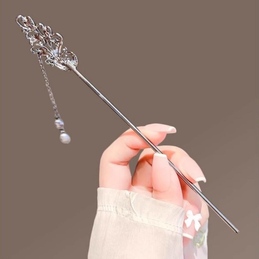 1pc Silver - Toned Hair Stick: Peacock - Inspired Design with Blue Accents & Pearl Tassel, Elegant Hair Accessory