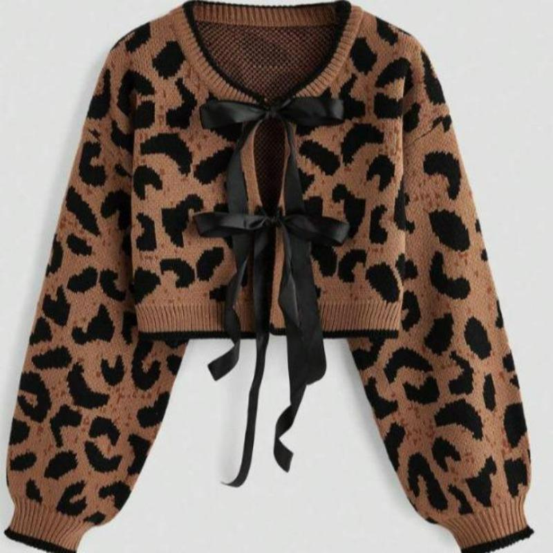 Damen Leopardenmuster Strickjacke mit Bindung vorne, Langarm Lässiger Kurzer Pullover