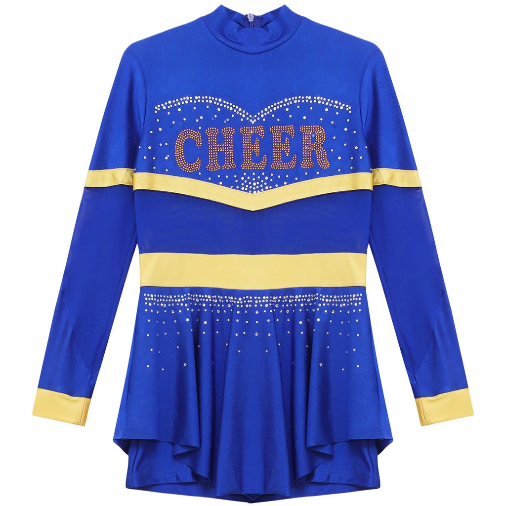 Girls One-Piece Cheerleading Costume: Long Sleeve Mesh Patchwork Shiny Diamonds Jumpsuit for Dance Gymnastic Performance