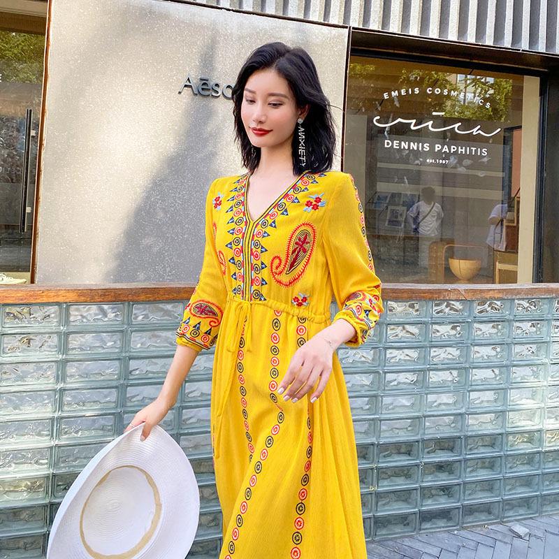 Ethnic Embroidered V-Neck Cotton Linen Dress, Fairy Style with Tie-Up and Swing, Perfect for Travel and Photos - Style 636