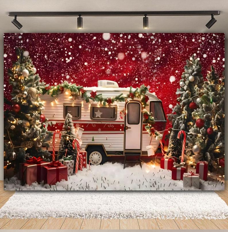 Christmas Truck Photography Backdrop Xmas Tree Winter Forest Snow Candy Cane Gifts Kids Portrait Family Party Photo Background