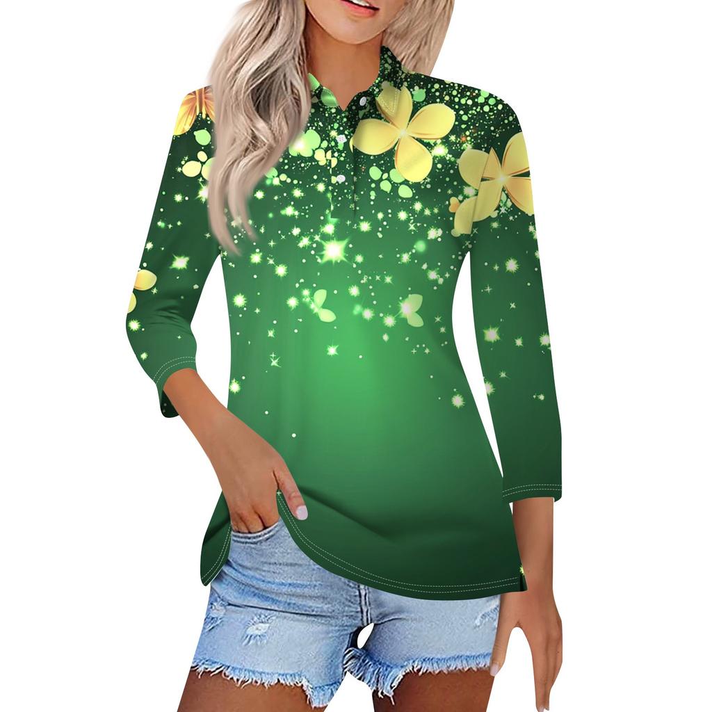Women's Fashion Casual Lapel 3/4 Sleeve Print Shirt Women's Button Up Tops