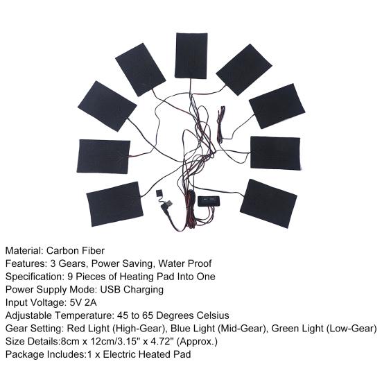 Heizfolie Intelligente Doppelsteuerung Drei-Gang-Schalter Schnellheizend USB-Aufladung Stromsparend Heizkleidung Wasserdicht Kohlefaser 9