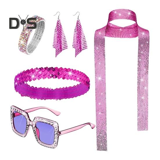 

5 шт./компл. женский комплект ювелирных изделий с блестками и стразами, декор в винтажном стиле 60-х 70-х годов, сувениры для дискотеки, косплей, серьги, солнцезащитные очки, браслет, повязка на голову, шарф, комплект розы красного