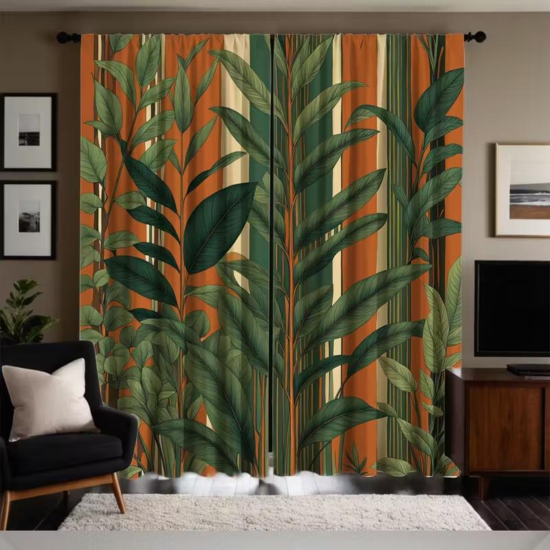 2pcs Boho Tropical Leaf & Striped Pattern Curtains, Designed for Light Blocking, Premium Material, Suitable for Living Room, Bed
