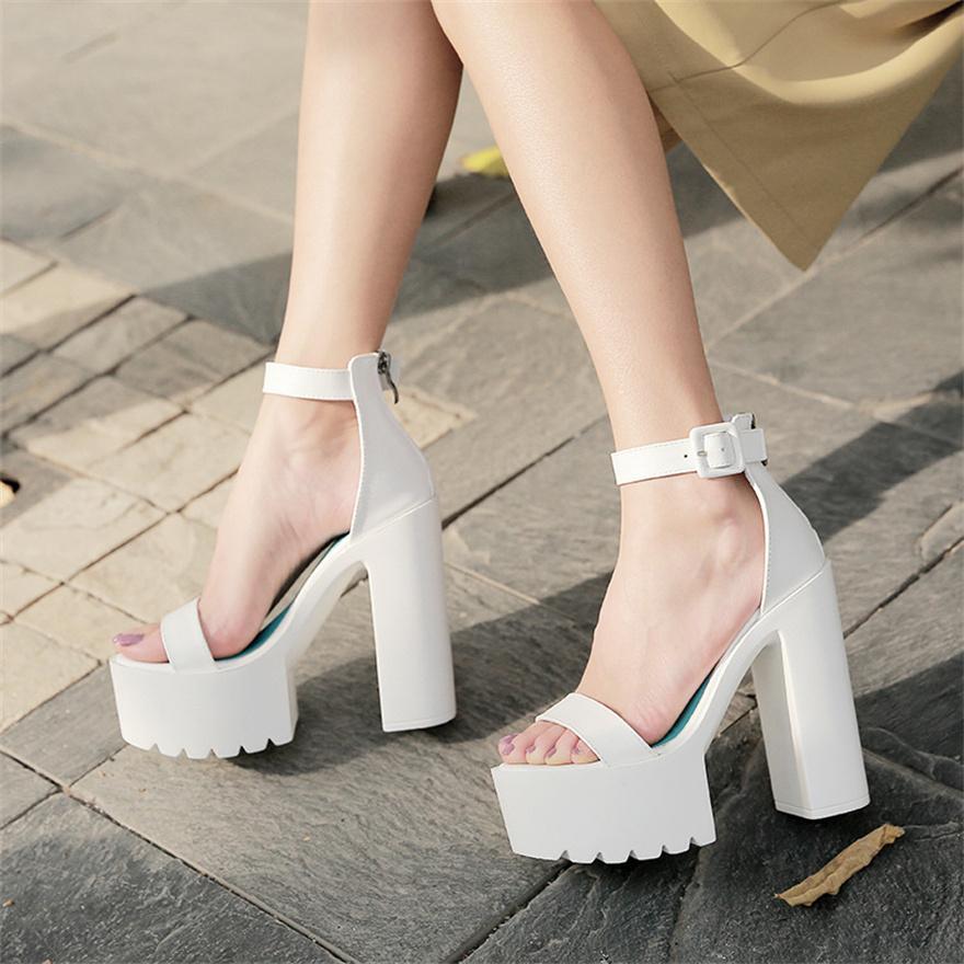 Big Size 34-43 Super High Heels 14cm Roman Sandals Women Summer PU Leather Platform Ladies Casual Chunky Heel Buckle Shoes
