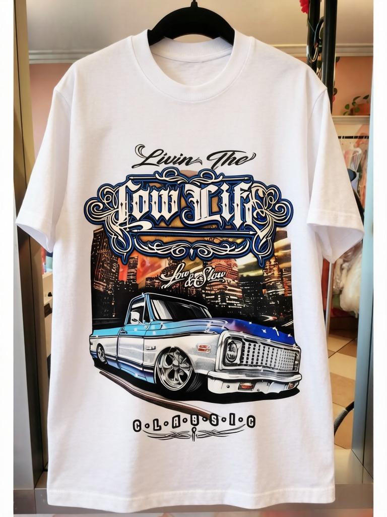 Lowrider Classic Truck Livin The Low Life Graphic TShirt Clothing Graphic Short Sleeve Shirt Unisex Women for Spring and Summer L