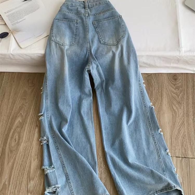 Edgy Hole Denim Loose Pants Women Autumn Newest Distressed Wide Leg Pocket Trendy Street Spicy Girl Y2K Casual Jeans