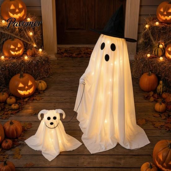 Haunted House Party Supplies Halloween Ghost Walking Dog Decor with LED String Light, Spooky Glowing Battery Powered Lights Puppy for Outdoor
