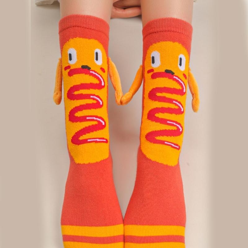 Magnetic Hand Holding Middle Calf Socks Funny Cartoon Food Themed Hamburger Hot Dogs Print Crazy Design Socks for Women