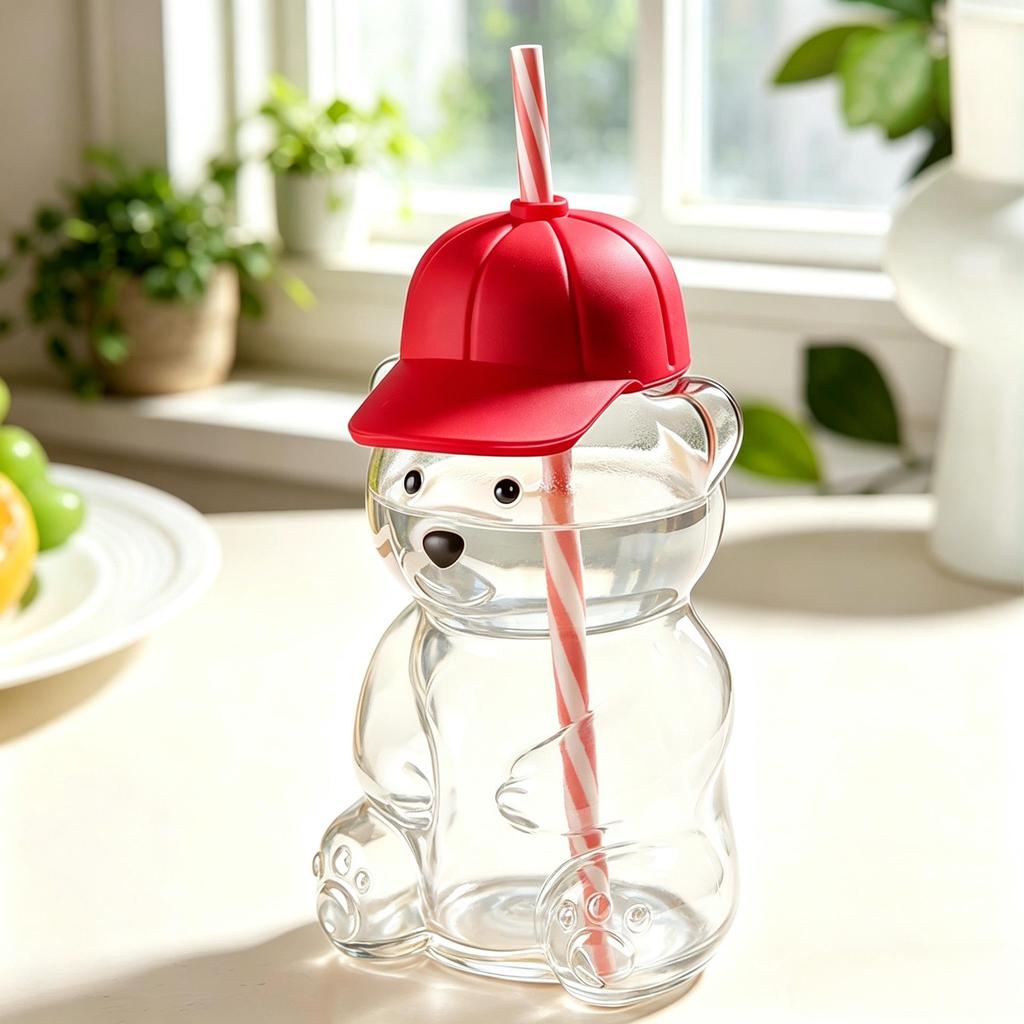 Teddy Bear Cartoon Glass Straw Cup - Cute Christmas Edition