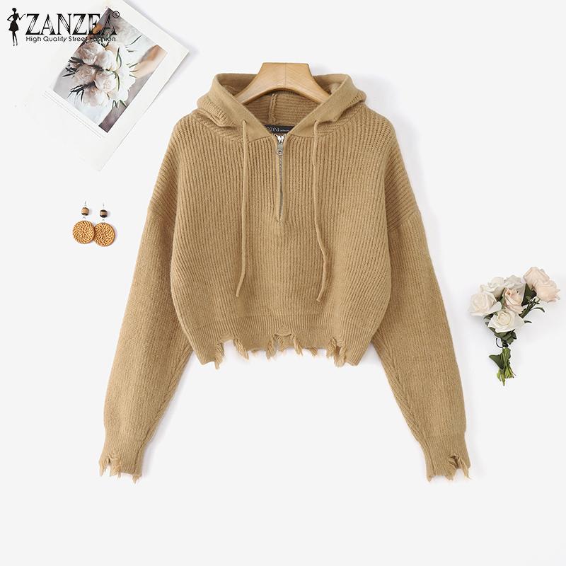 ZANZEA Autumn Women Long Sleeve Zip-up Rib Knitted Irregular Hooded Sweaters
