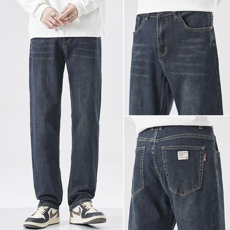 

Retro jeans men s new autumn and winter loose straight wide-leg elastic trendy trousers versatile and casual 42 синій