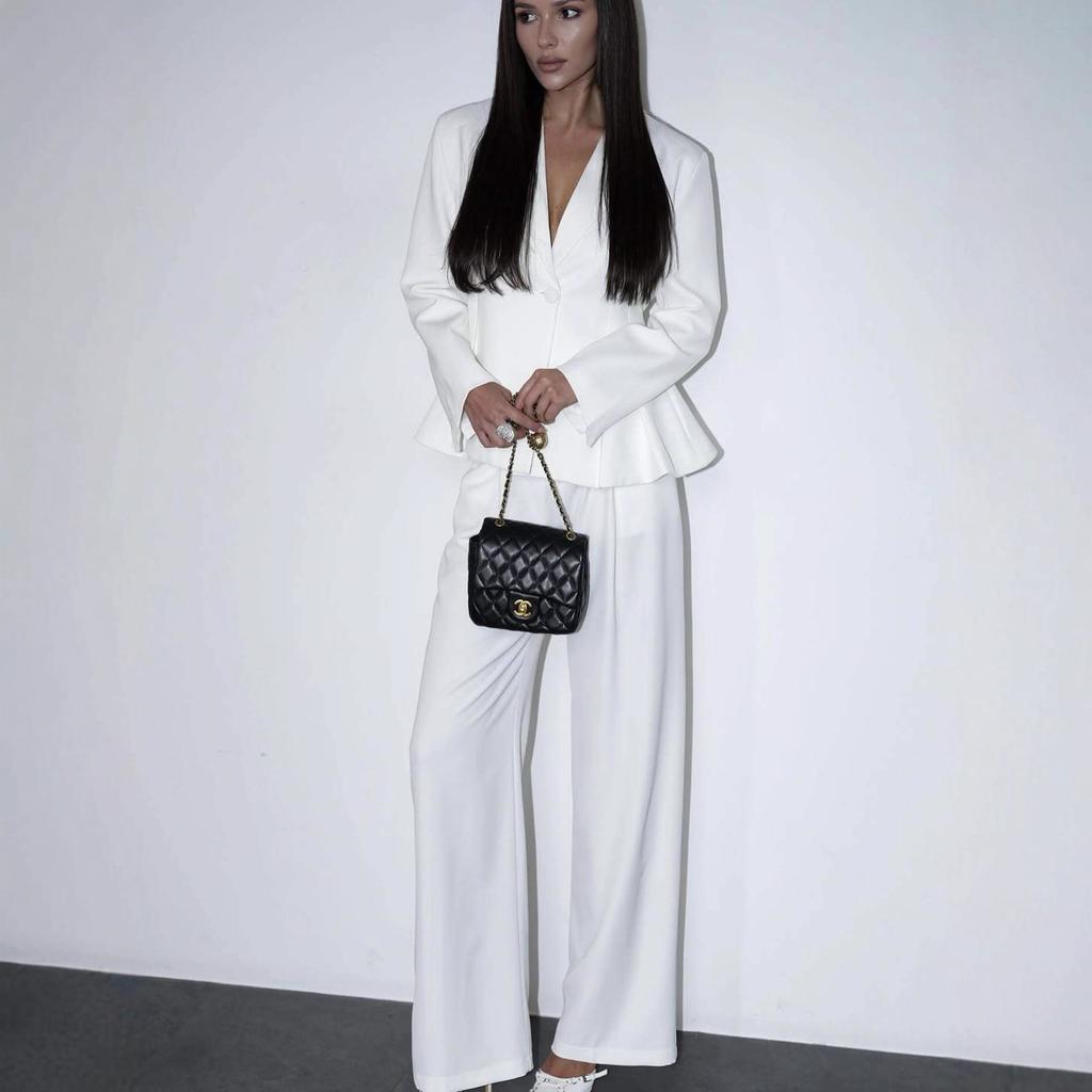 European and American women's wear 2025 autumn new arrival: elegant waist-cinching long-sleeve suit high-waisted straight-leg pants deep V two-piece 