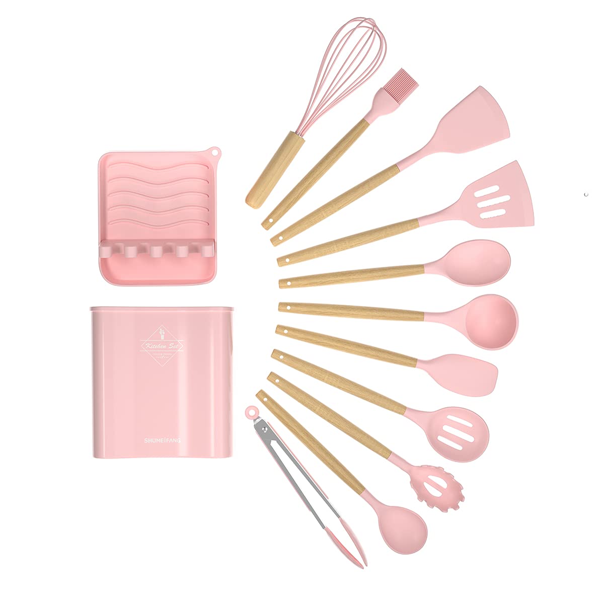 

Shumeifang Kitchen Tool Silicone and Stainless Includes Slotted Spaghetti Large and Storage Certified Food Safety by Pink 13-Piece Set, Steel, Whisk, розовый