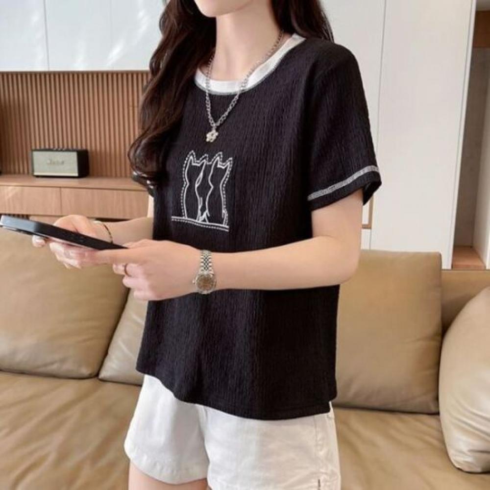 Navava Women CaT PrinTing Color Block Round Neck ShorT Sleeve T shirT nT3274