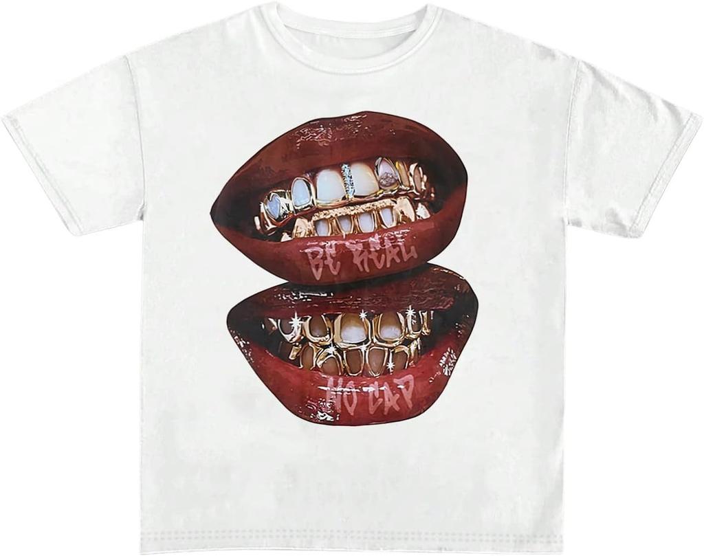 Verdusa Women's Lips Print Graphic Tees Y2k T Shirts Summer Crew Neck Vintage Going Out Tops