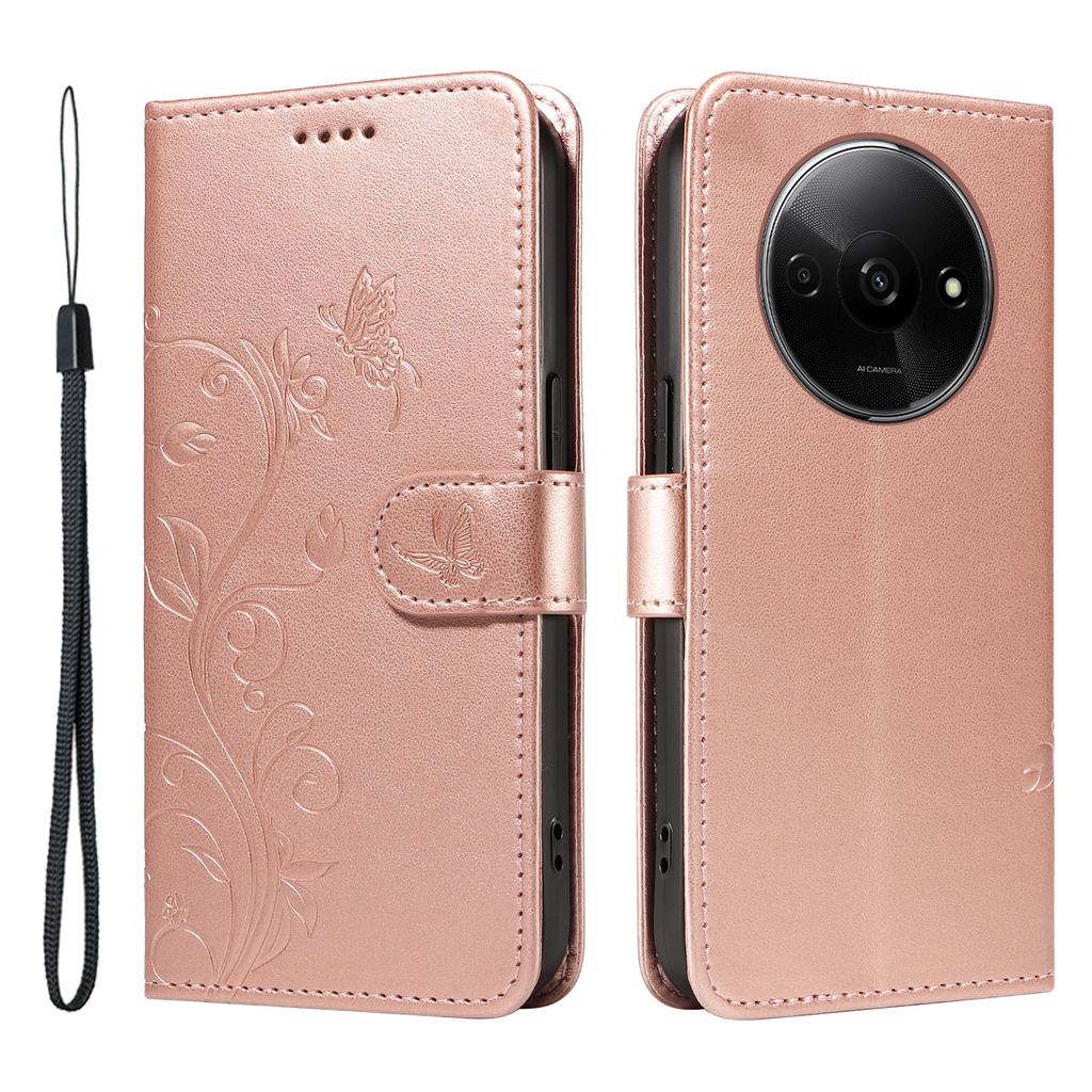 For Xiaomi Redmi A3/Poco C61 4G PU Leather Cases Flower Pattern Wallet Stand Phone Cover with Strap