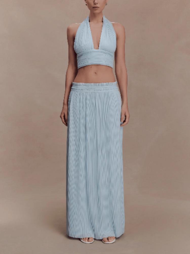 

Chic European & American Women s Sexy Backless Halter Neck and Long Skirt Set Dress L світло-синій колір
