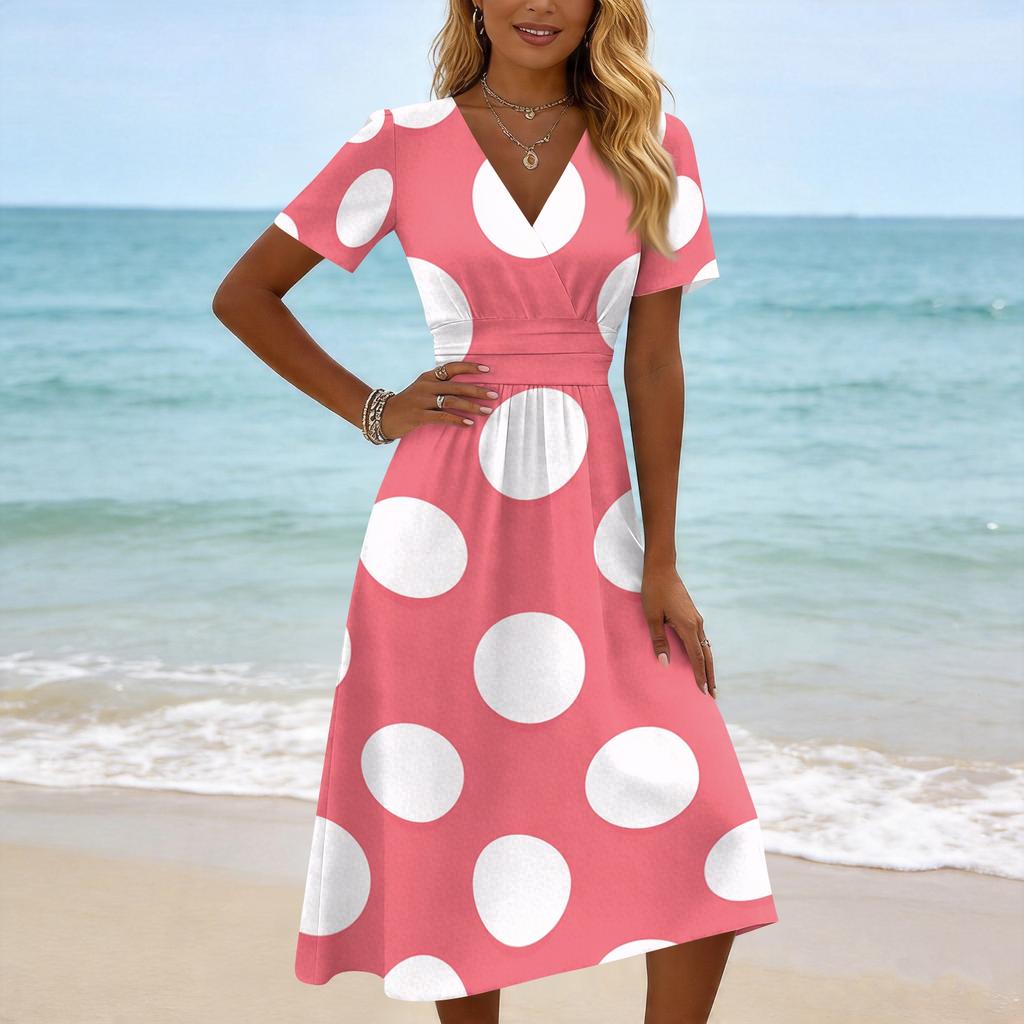 Robe midi à pois pour femme, col en V, manches courtes, pour le printemps, robes pour femme, robes d'été pour femme, robes longues pour femme, robes d'été pour femme