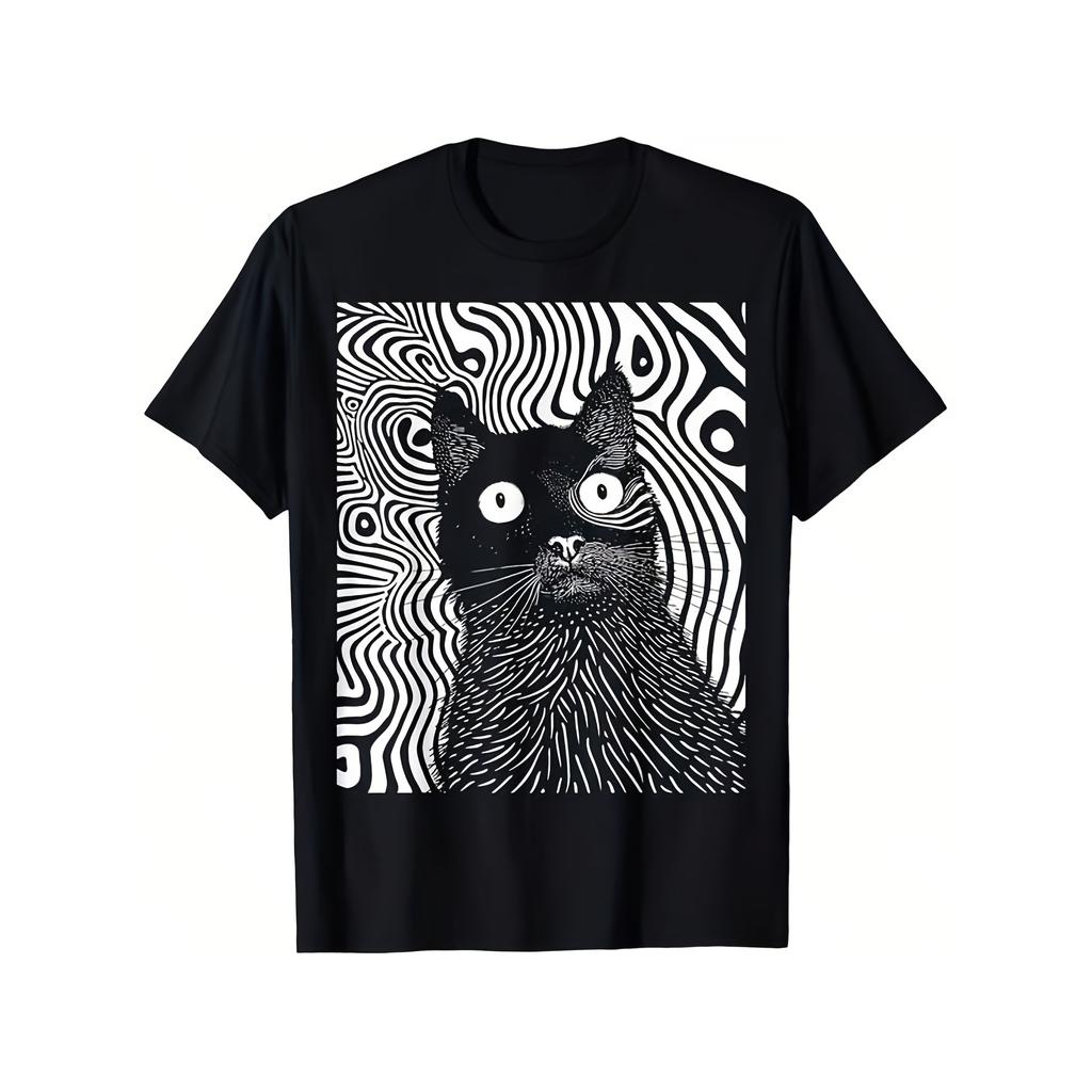 Black Cat Psychedelic Graphic Tee Men's Loose Fit Round Neck Cotton T-Shirt for Grunge Aesthetic Wear