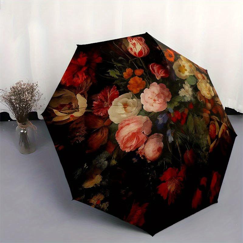 Floral Elegance: A Circular Canvas of Vibrant Blooms Umbrella, Portable 3-Fold Compact Umbrella for Men & Women R161