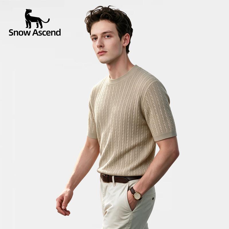 Snow Ascend Men's Cable Knit Crew Neck Short Sleeve Wool Blend T-Shirt