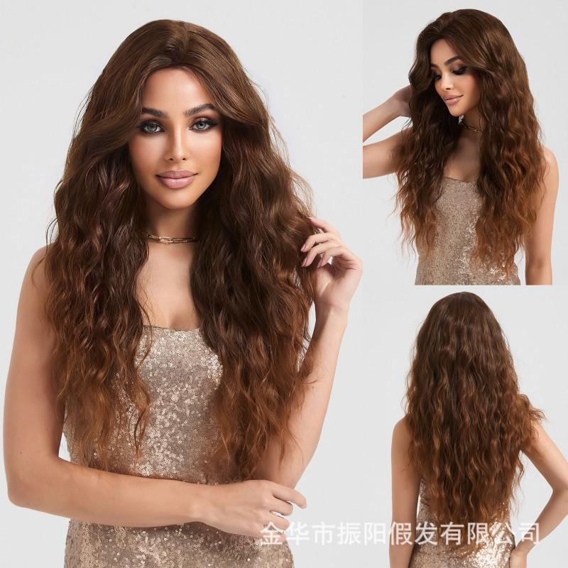 Realistic Long Wavy Brown Ombre Wig Women Middle Part Full Cap Synthetic Hairpiece Heat Resistant Fiber