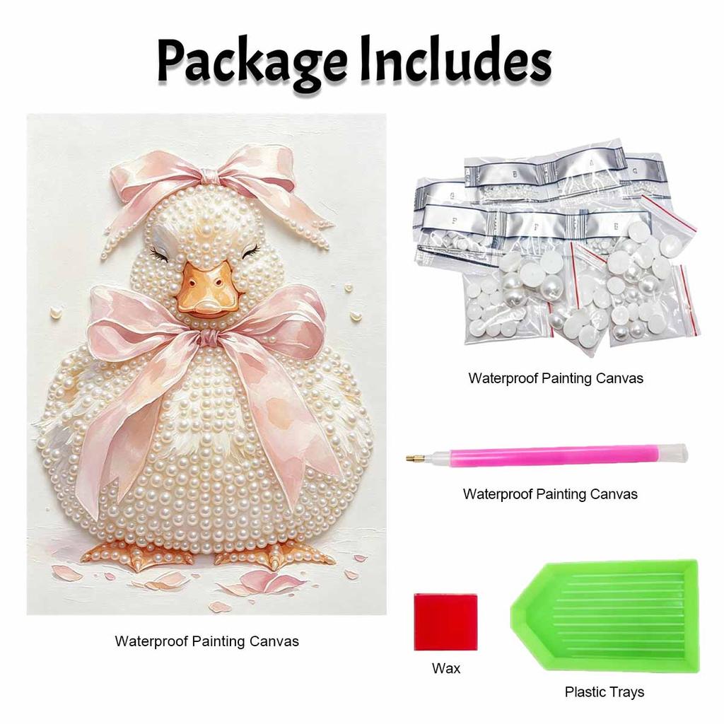 DIY Frameless Pearl Art Painting Kit Cute Pink Bow Duck Pattern 3D Sparkling Bead Canvas Wall Decor Gift for Craft Lovers Hobbyists